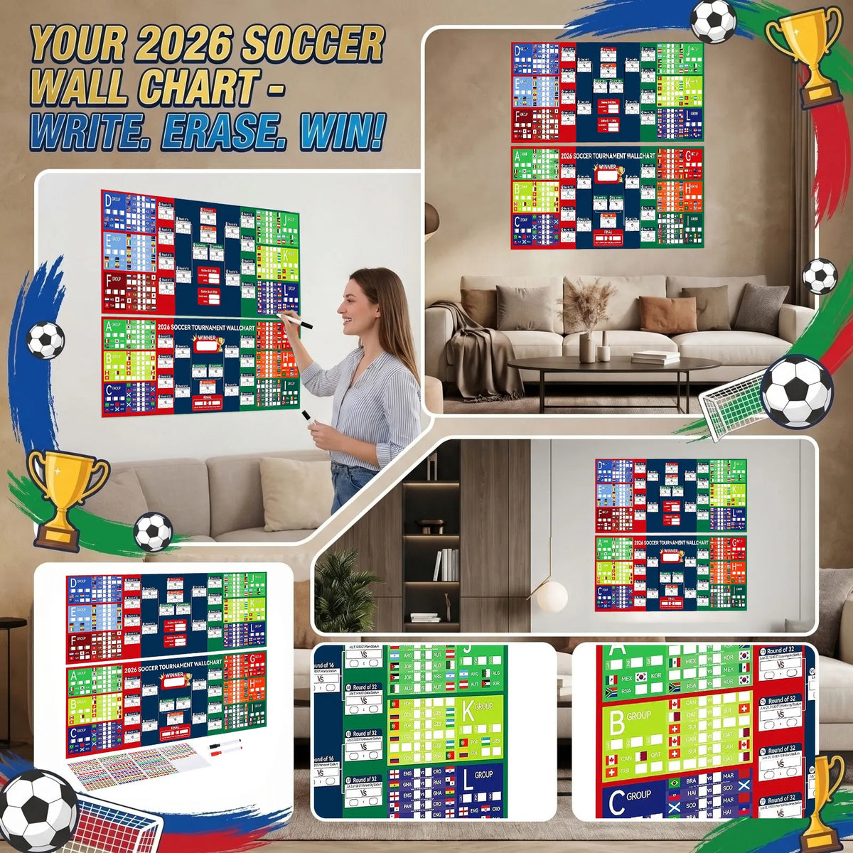 Soccer Event Wall Schedule Poster with Markers & Flag Stickers Wall Schedule Poster Qme