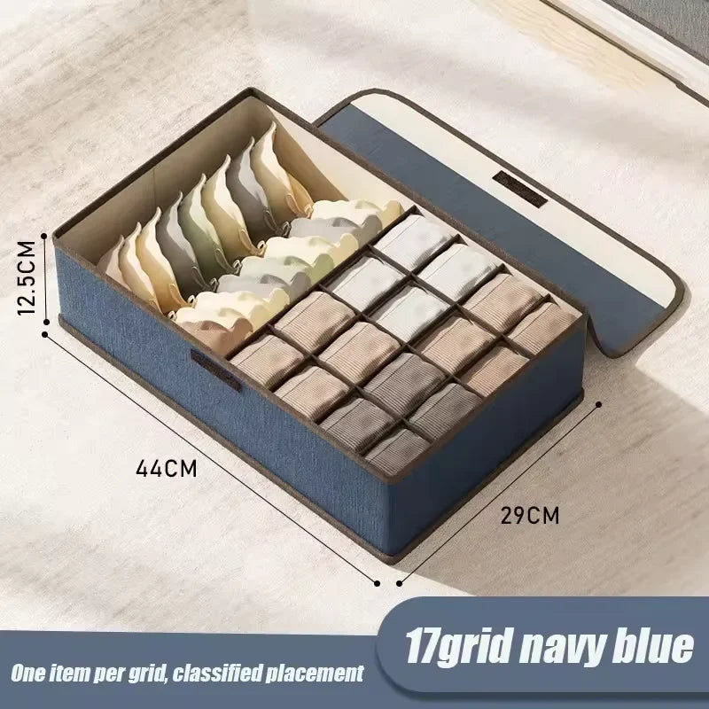 Cotton Linen Underwear Storage Box – 6-Compartment with Lid Drawer Organizer Box Qme Navy blue 17grid
