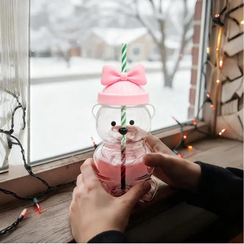 Cute Bear Shaped Plastic Cup with Straw – Cartoon Mug Novelty Drinkware Cup Qst
