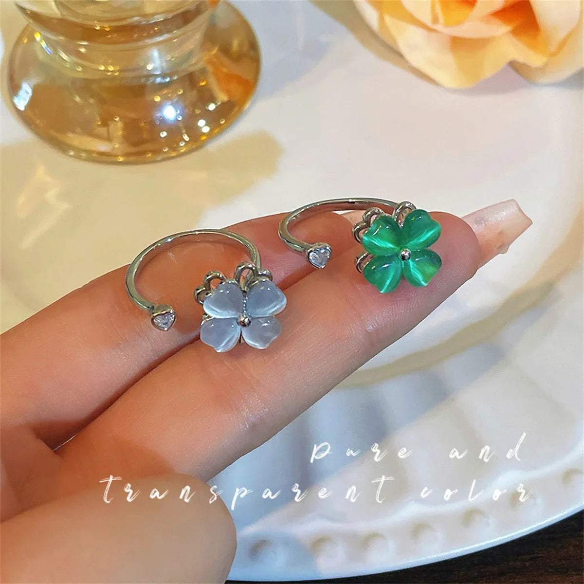 Purple Four Leaf Zircon Flower Adjustable Ring for Women Fashion Ring Qme