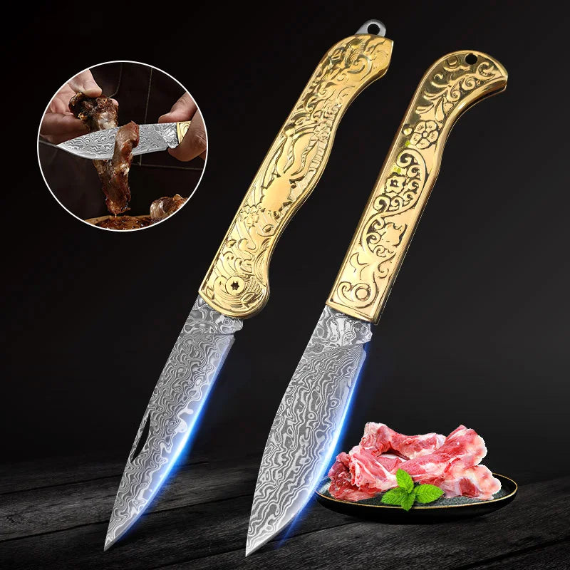 Damascus Steel Folding Knife – Copper Handle, BBQ & Kitchen Damascus Folding Knife Qst