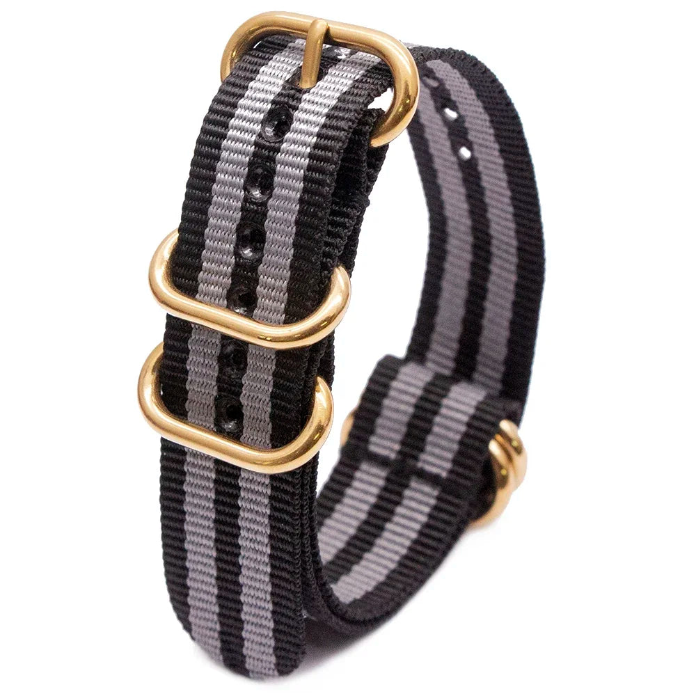 Nylon Watch Band with Golden Round Buckle – 18–24mm Stripe Nylon Watch Band Qme