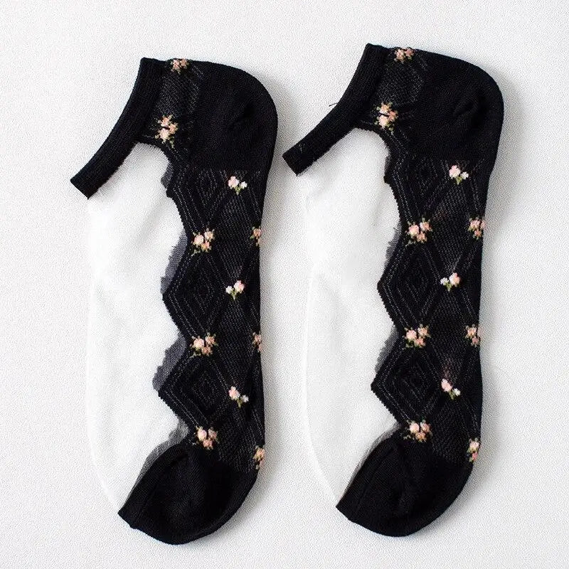 Women's Sheer Floral Glass Stockings – Thin Summer Hosiery Sheer Floral Stockings Qme