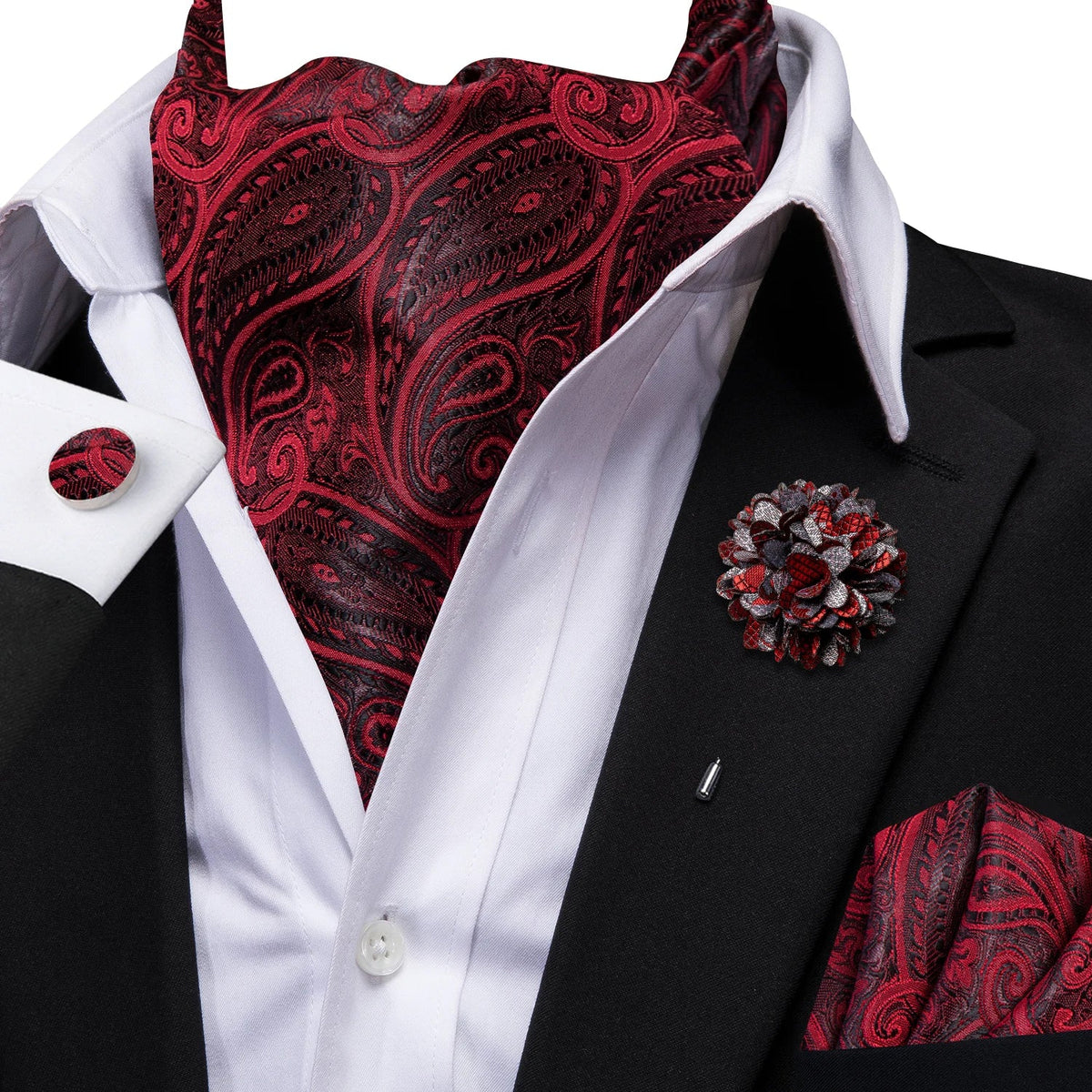 Hi-Tie Men's Paisley Ascot Cravat with Brooch – 8 Colors Ascot Cravat Set Qme AS-1150 XH-0099