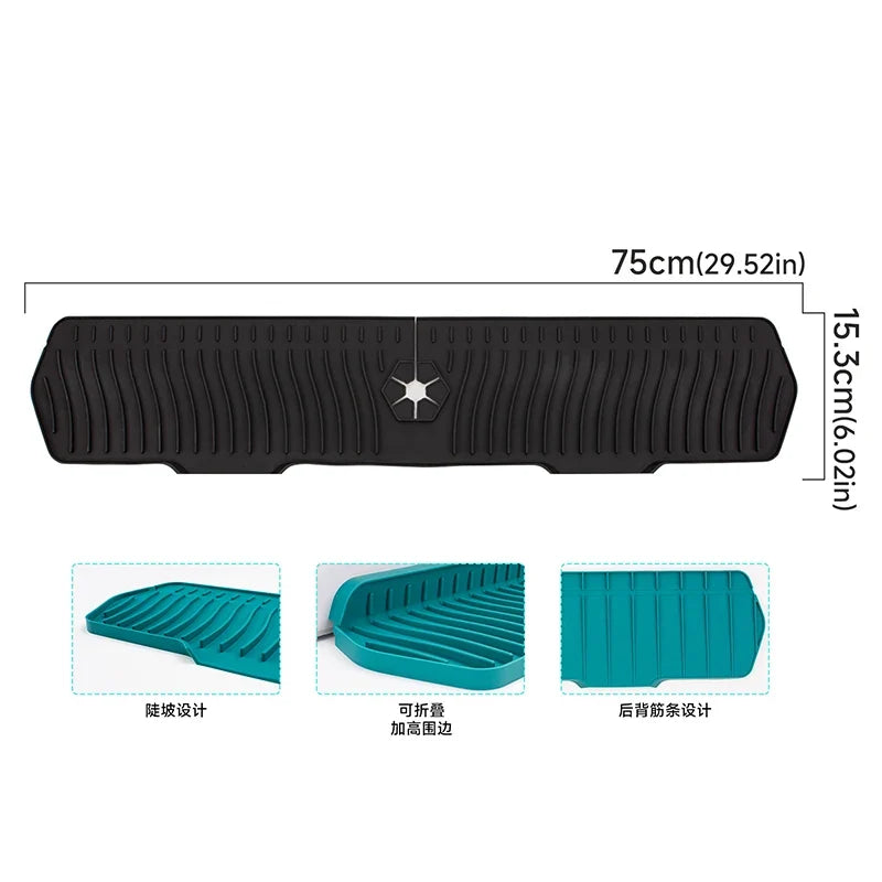 Silicone Sink Splash Guard Faucet Drip Catcher Mat – 75cm Sink Splash Guard Mat Qme black