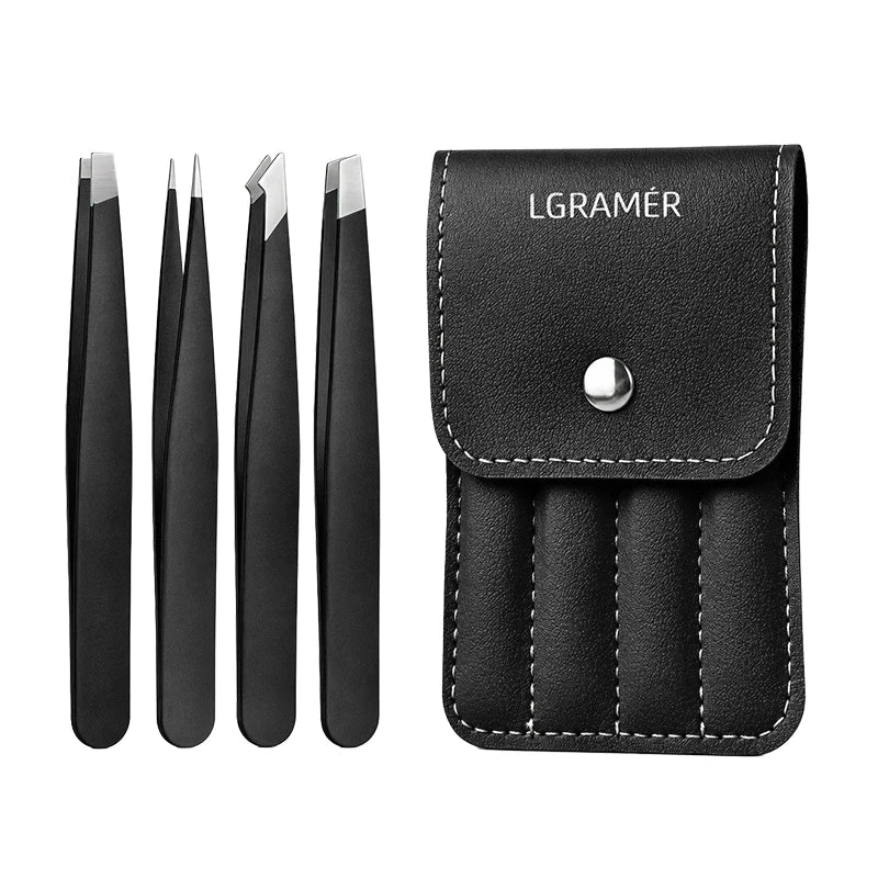 4-Piece Stainless Steel Eyebrow Tweezers Set with PU Case Eyebrow Tweezers Set Qst Black