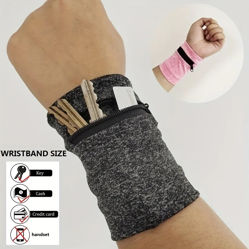 Zipper Pocket Wristband Sweatband – Key Card Cash Storage Sports Wrist Wallet Qme