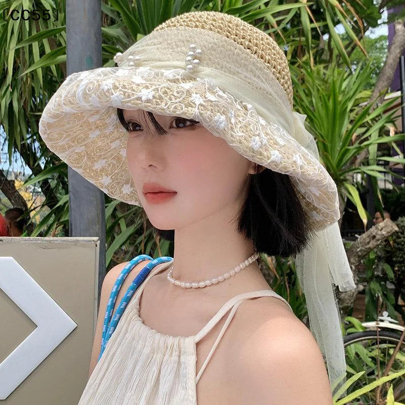 Lace Bow Foldable Straw Sun Hat – Women's Wide Brim Beach Hat Women's Straw Hat Qst