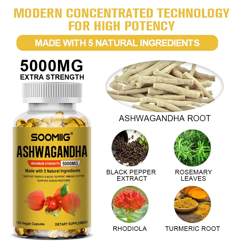 Ashwagandha 5000mg Vegetarian Capsules – Black Pepper Extract Herbal Supplement Qst
