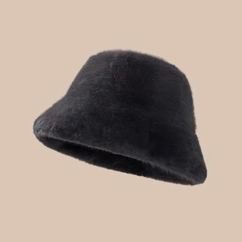 Women's Winter Plush Bucket Hat – Fluffy Windproof Fisherman Cap Winter Bucket Hat Qst Black
