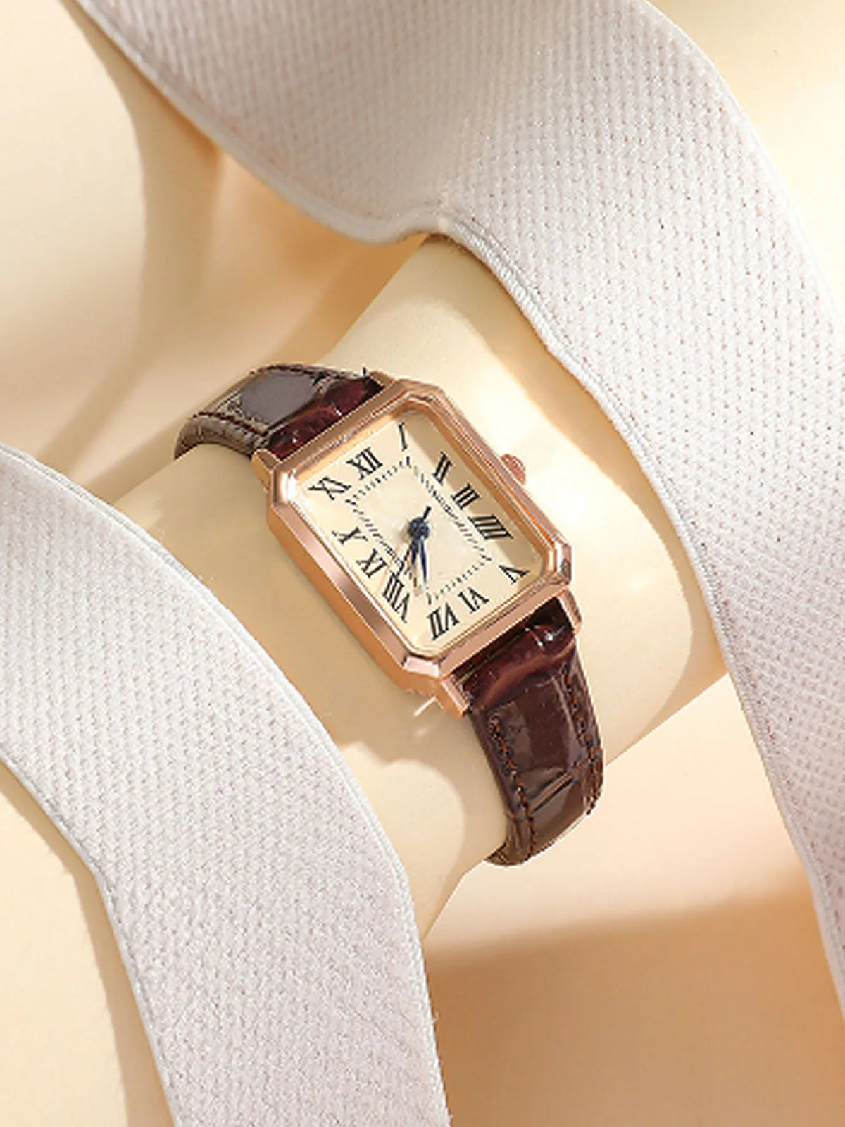Women's Quartz Watch Leather Strap Square Dial Roman Numerals Women's Quartz Watch Qme Coffee