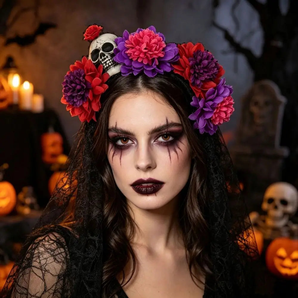 Halloween Flower Headband with Black Veil – 10 Colors Halloween Headband Qme