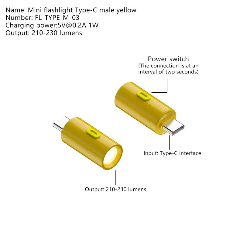 Type-C LED Mini Flashlight – Portable USB-C Pocket Torch LED Pocket Flashlight Qst Type C Male Yellow