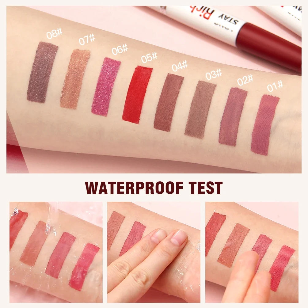 Double Head Matte Liquid Lipstick & Gloss – Waterproof, 5 Shades Liquid Lipstick Duo Qme