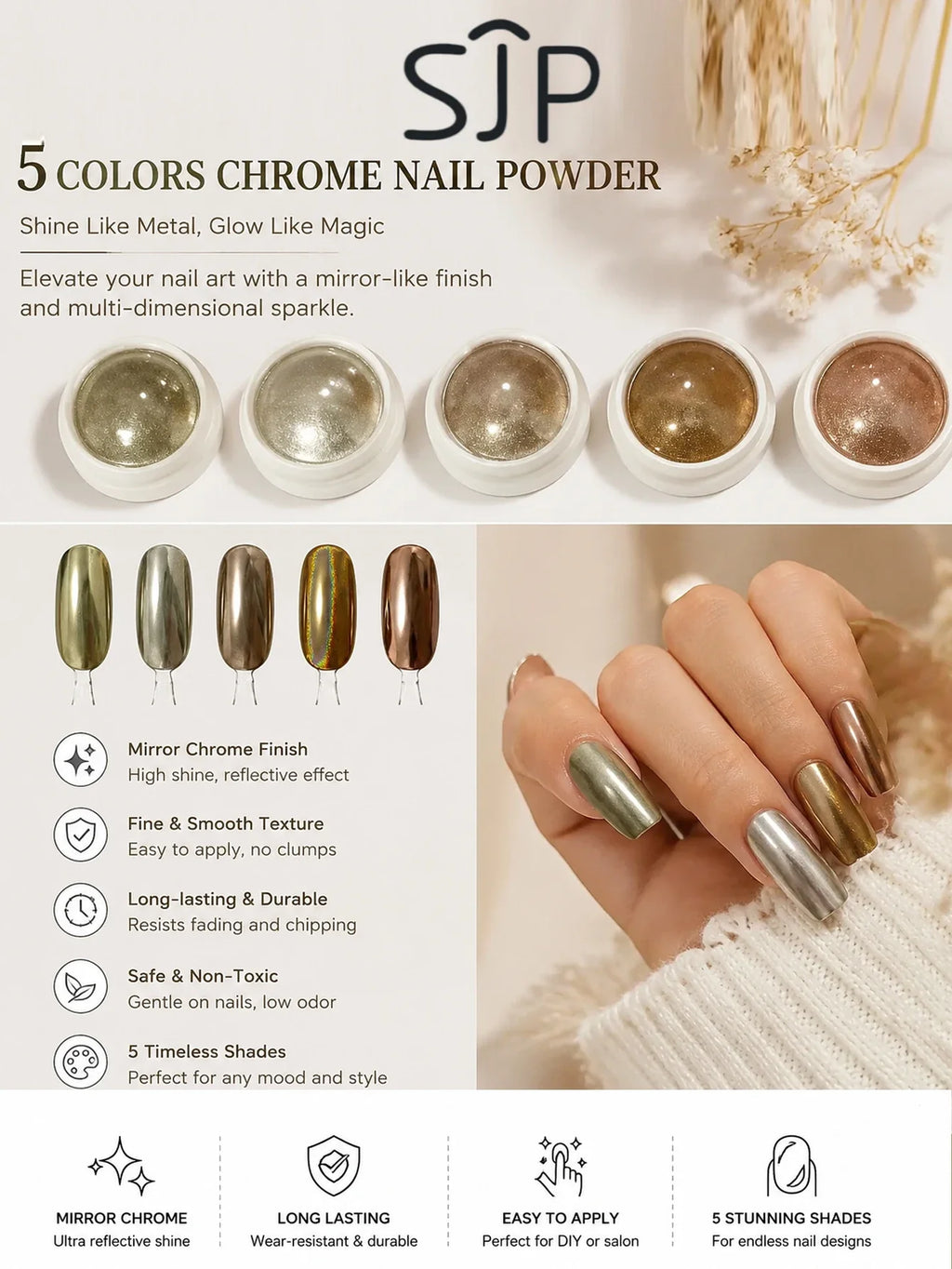 5-Color Chrome Nail Powder – Mirror Holographic Metallic Dust Chrome Nail Powder Qme Gold