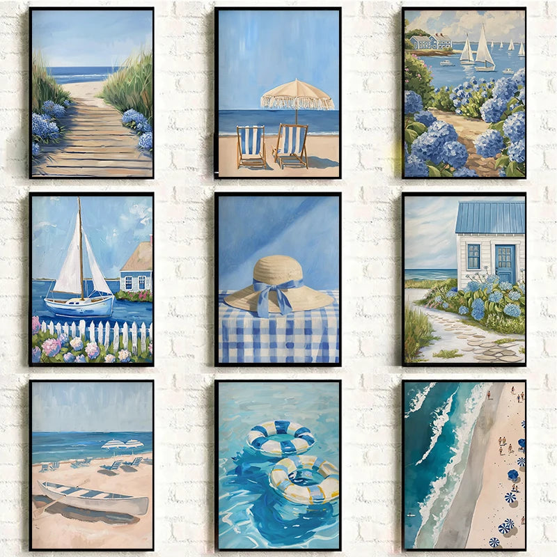 Coastal Sailboat Hydrangea Canvas Wall Art – Blue Beach Print Canvas Wall Art Qst