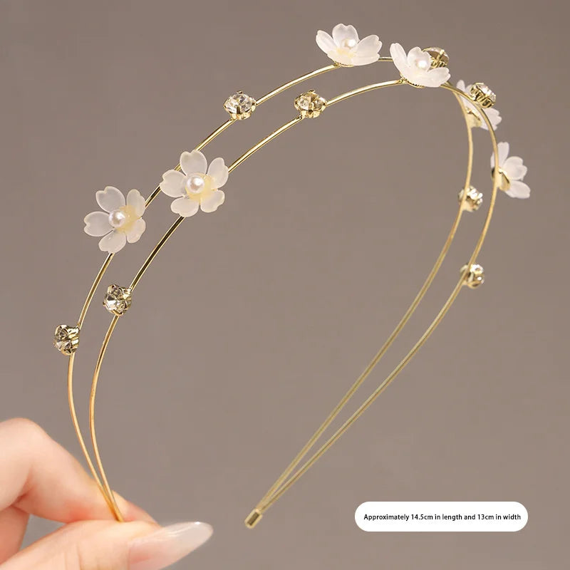 Rhinestone Flower Double Layer Metal Headband for Women Hair Headband Qst White