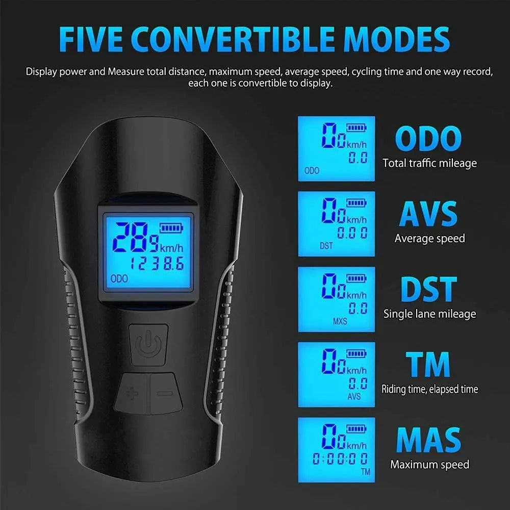 USB Rechargeable Bike Light with Horn, Speedometer & Odometer Bike Light & Computer Qme