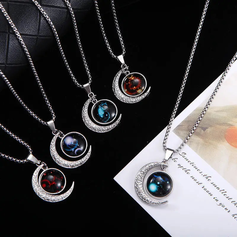 Zodiac Constellation Luminous Crescent Moon Necklace Zodiac Pendant Necklace Qme