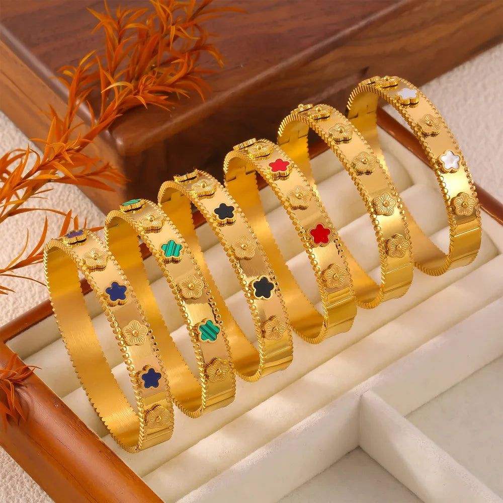 Five-Leaf Flower Stainless Steel Bracelet Bangle | Gold Silver Bracelet Bangle Qme