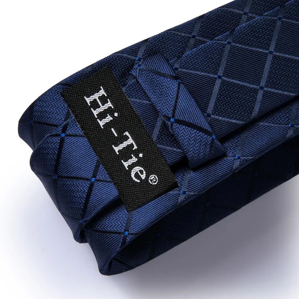 Hi-Tie Navy Blue Plaid Silk Necktie & Pocket Square Set for Men Silk Necktie Set Qme