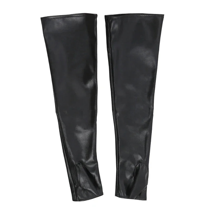 Women Long Fingerless PU Leather Gloves – Arm Warmer Mittens Fingerless Arm Gloves Qme black length 65cm