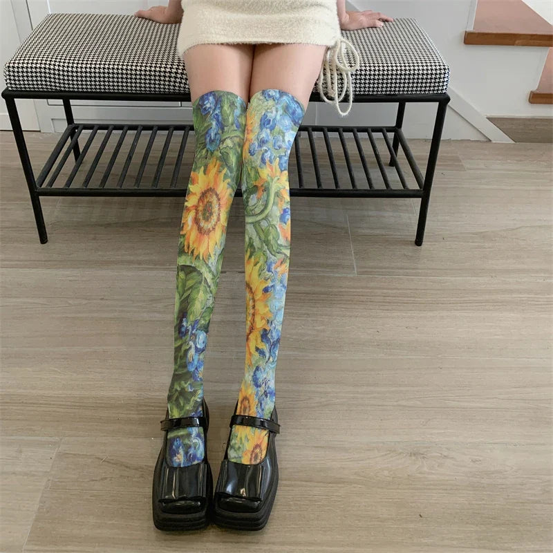 Van Gogh Art Print Thigh High Stockings – Starry Sky & Sunflower Thigh High Stockings Qme