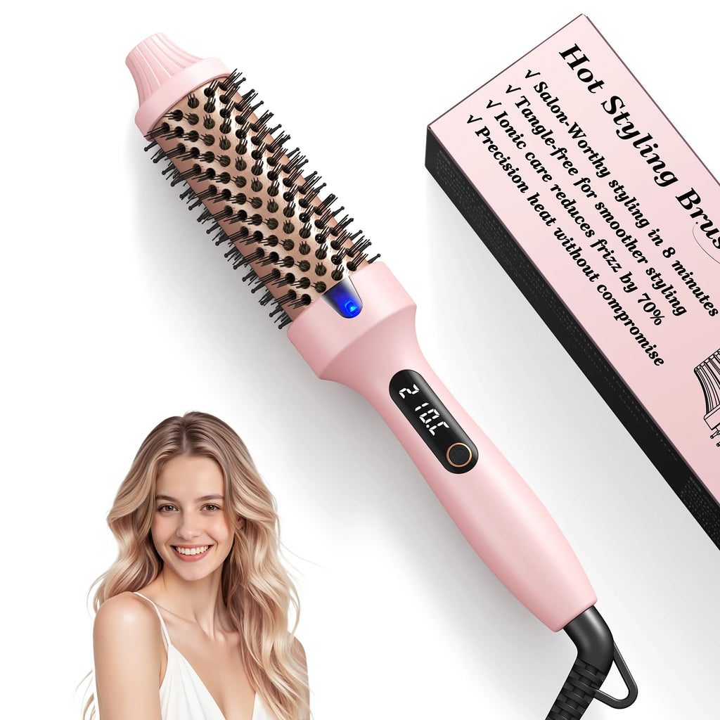 Dual Voltage Ionic Thermal Brush – Curl & Straighten, LED Hot Air Styling Brush Qst