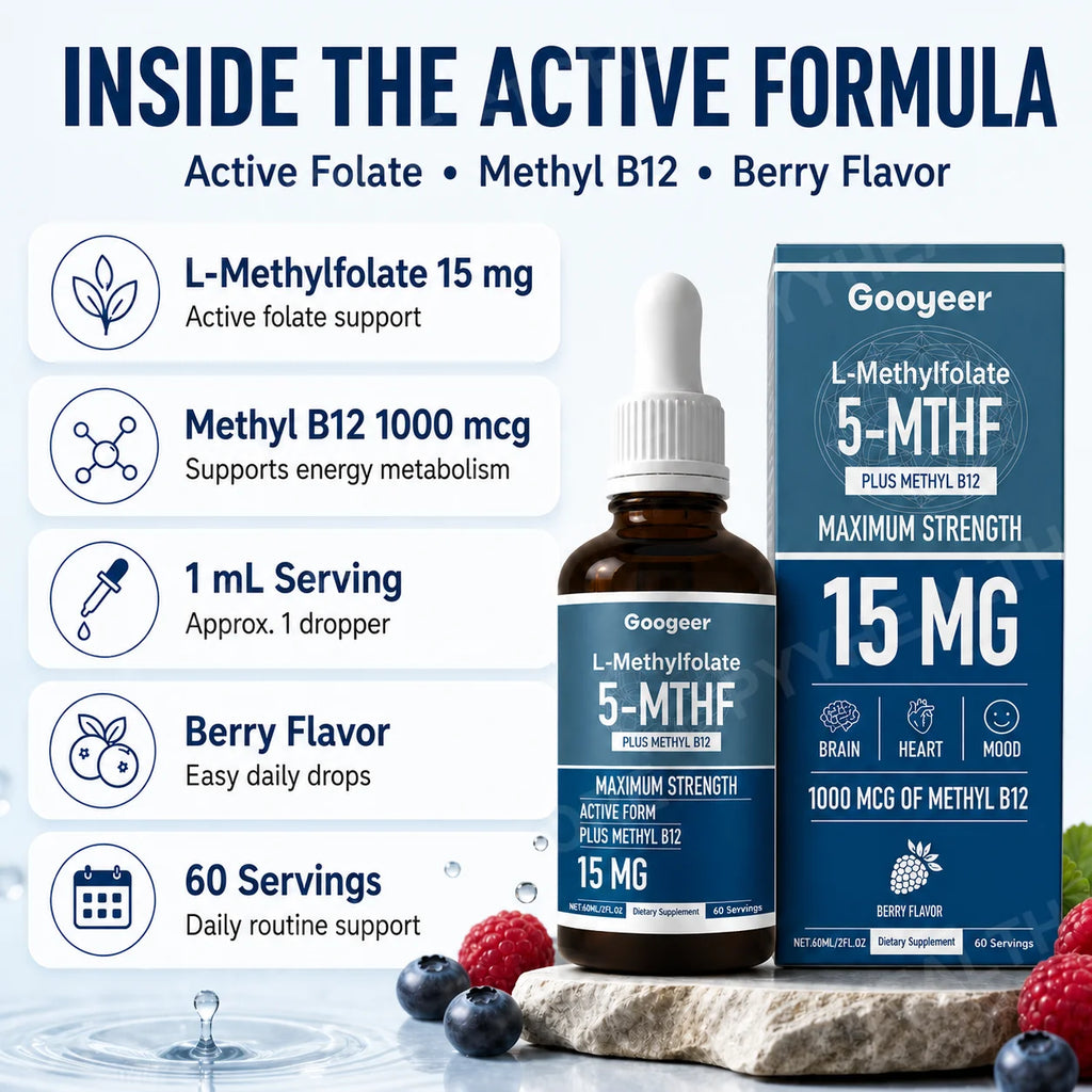 Googeer L-Methylfolate 5-MTHF Drops + Methyl B12 | 60mL Vitamin B Supplement Qst