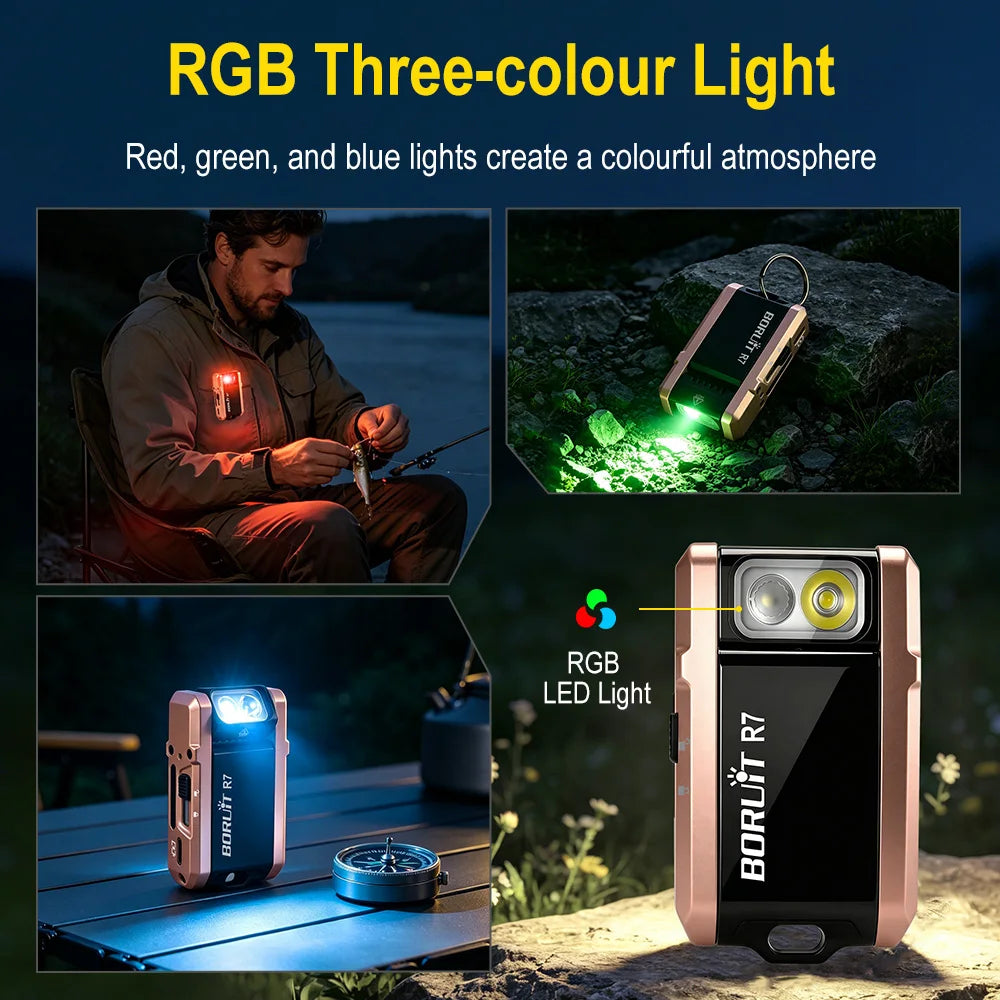 BORUiT R7 Mini Keychain Flashlight 800LM RGB LED Type-C Keychain Flashlight Qst