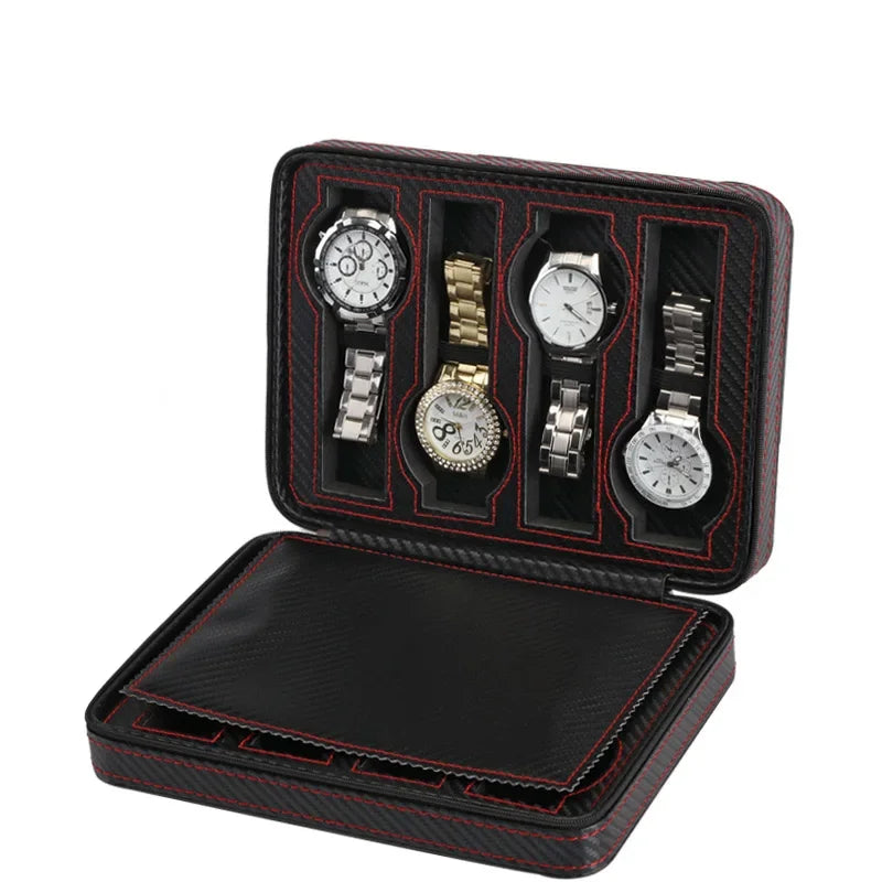 Portable PU Leather Travel Watch Box – Dustproof Zipper Case Travel Watch Case Qme 8 Grids Carbon fiber