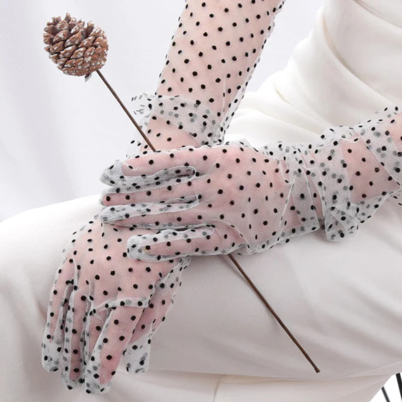 Women's Lace Fishnet Gloves – Gauze Wavy Dot Fashion Mittens Lace Fashion Gloves Qme