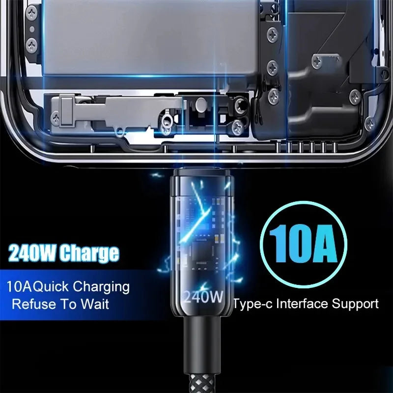 240W USB-C Fast Charging Cable 10A Nylon Braided Transparent USB-C Charging Cable Qme