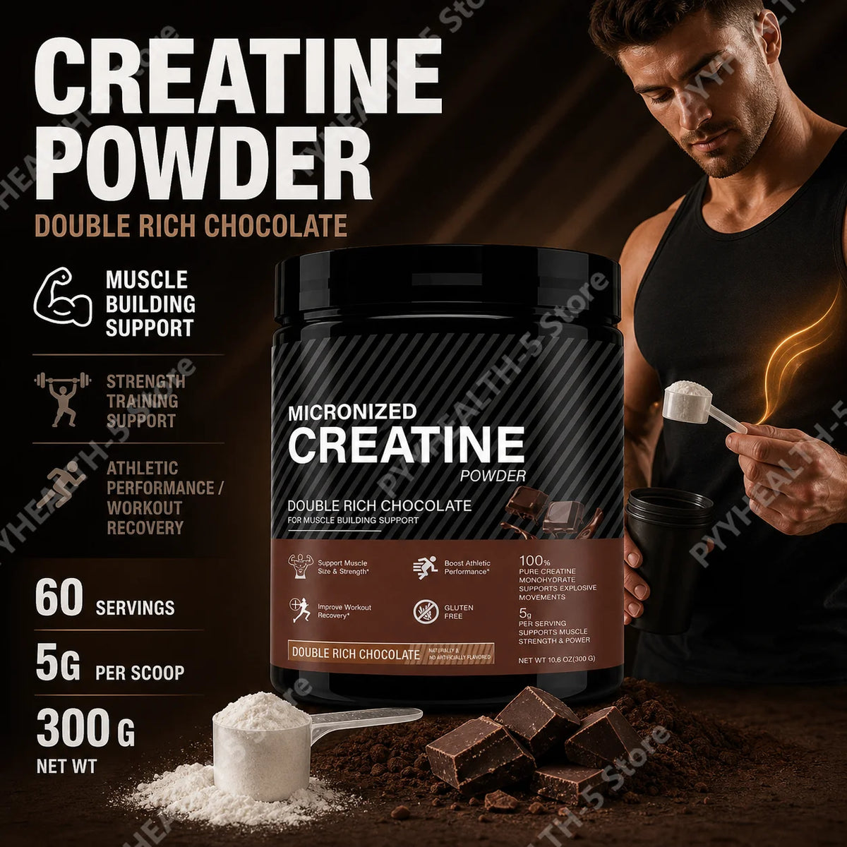 Creatine Monohydrate Powder Chocolate 10.6oz – 60 Servings Creatine Supplement Qst