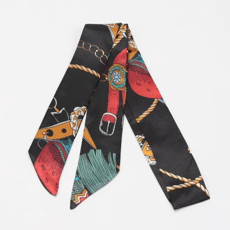 Women's Skinny Ribbon Scarf – Printed Polyester Hair Tie Ribbon Hair Scarf Qme A-20