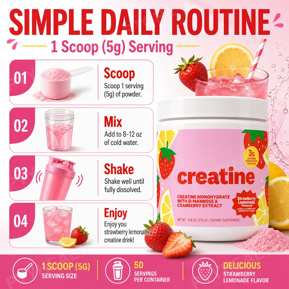 Women's Creatine Powder 275g – Monohydrate, Dandelion & Cranberry Creatine Supplement Qst
