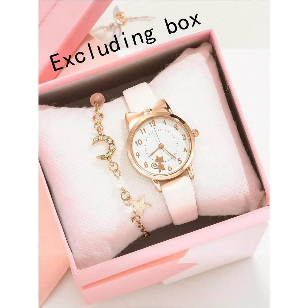 2-Piece Ladies Cat Pattern Quartz Watch Set – PU Band Women's Watch Set Qme White suit