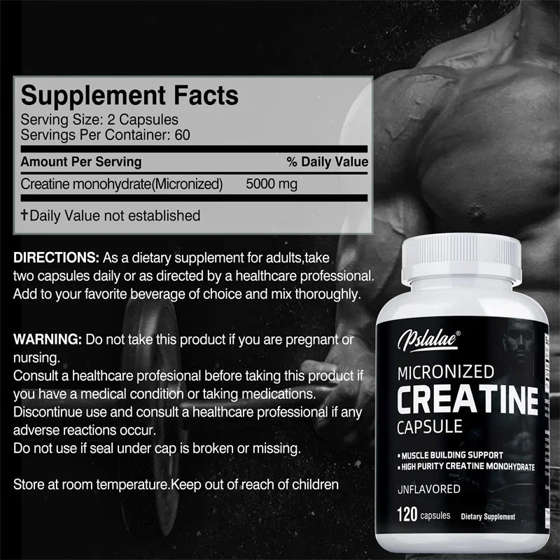 Creatine Monohydrate 5000mg Capsules – Pre-Workout by Pslalae Creatine Supplement Qst