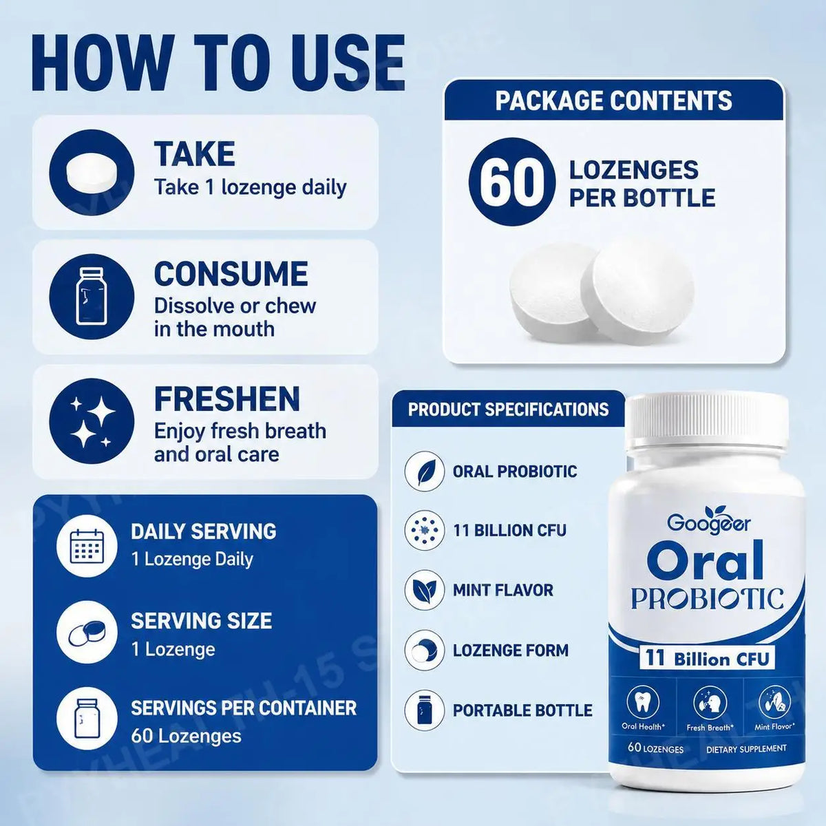 Googeer Oral Probiotic Lozenges 11B CFU Mint Flavor – 60ct Oral Probiotic Lozenges Qst