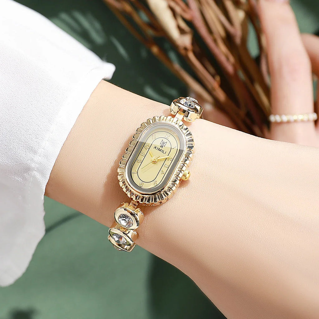 Women's Crystal Quartz Watch – Oval Gold Dial & Diamond Bezel Women's Fashion Watch Qme