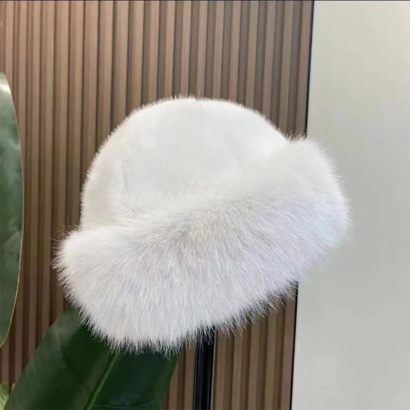 Women's Fluffy Mongolian Plush Hat – Warm Winter Fur Cap Winter Fur Hat Qst White