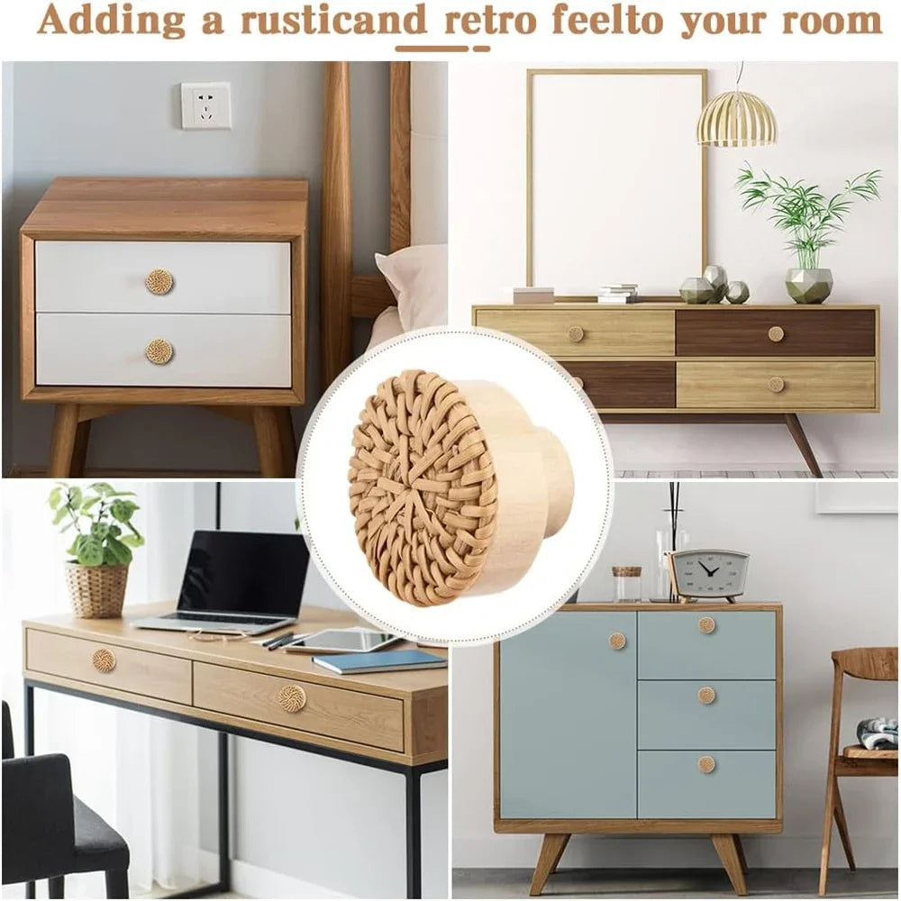 Rattan Wood Round Drawer Pulls – Handmade Cabinet Knobs 2 Pack Cabinet Drawer Pulls Qme