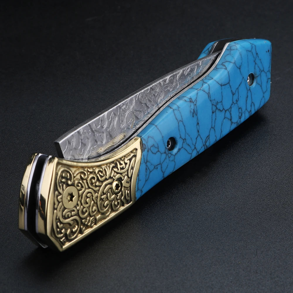 XUANFENG Damascus Folding Pocket Knife – Blue Pattern Steel Damascus Folding Knife Qst