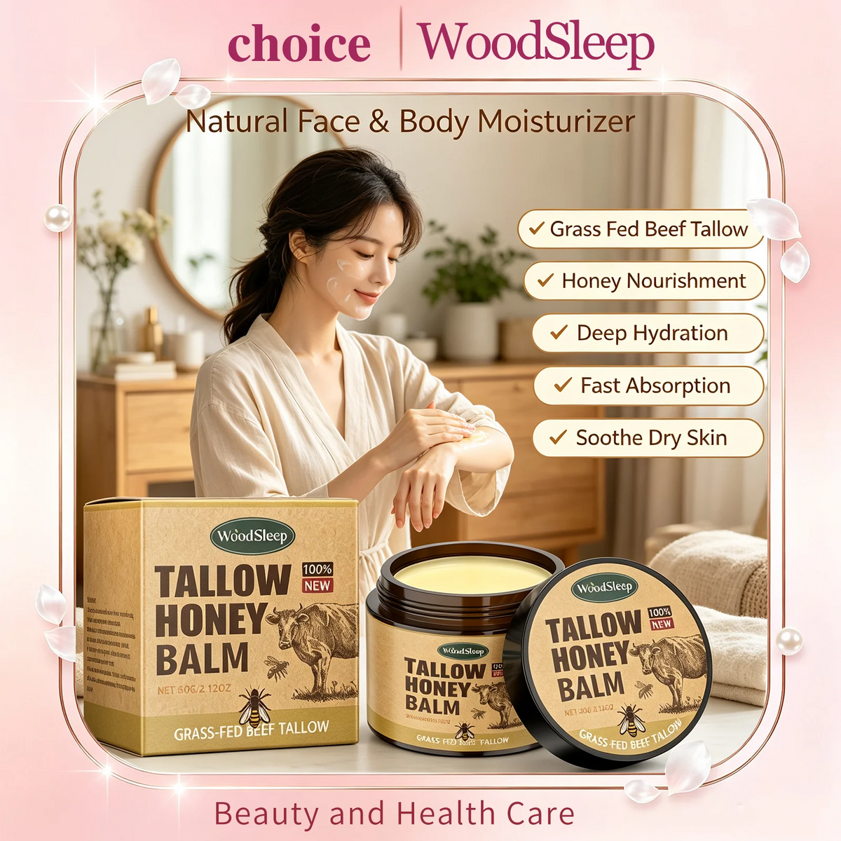WoodSleep Whipped Beef Tallow & Honey Face Moisturizer 60g Face & Body Balm Qst