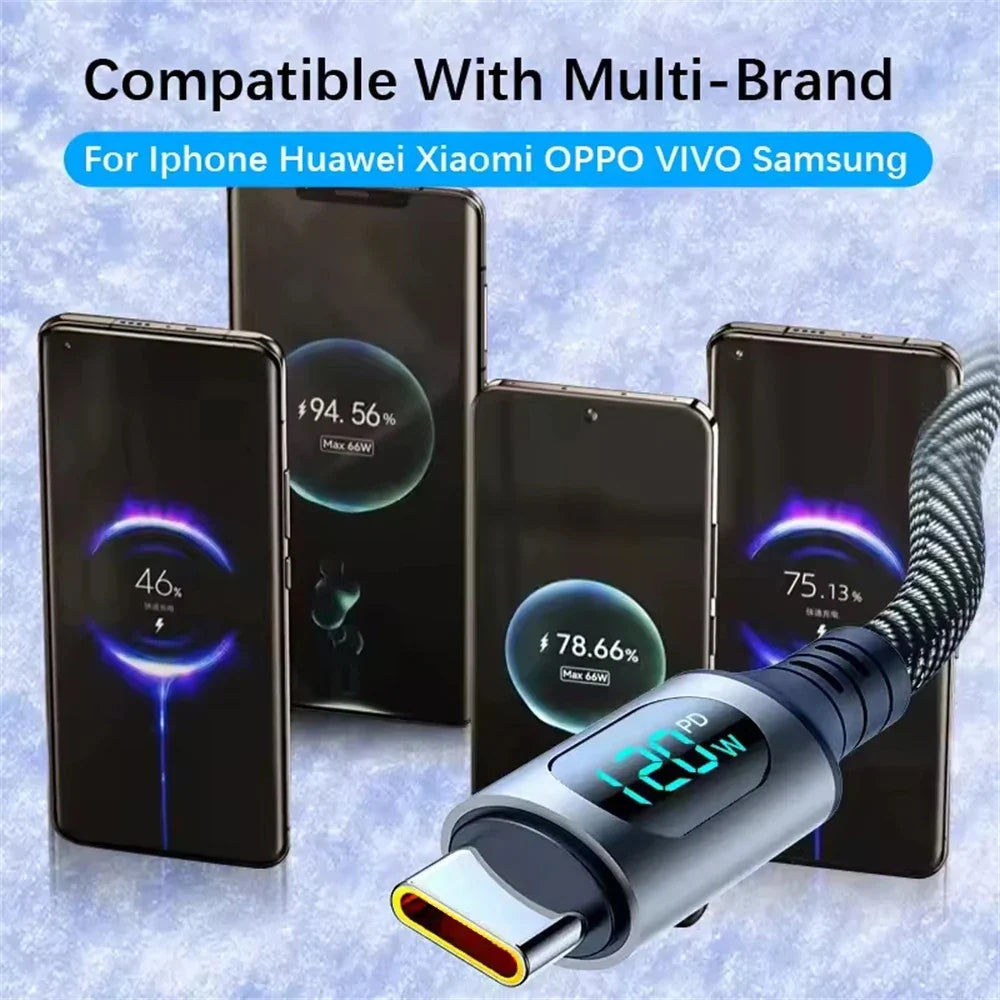 120W USB-C Fast Charge Cable | LED Display | 6A Nylon Braided USB-C Charging Cable Qme