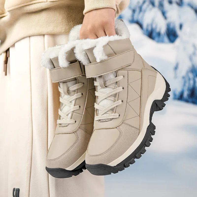 Women's Warm Plush Mid-Calf Snow Boots – Waterproof Lace-Up Women's Snow Boots Qst Beige 39