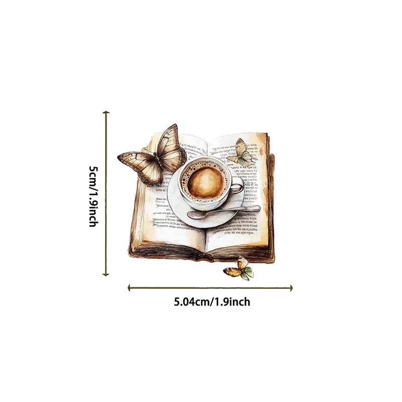 Retro Coffee Clip Stickers – Waterproof Aesthetic PET (50pcs) Decorative Stickers Qme