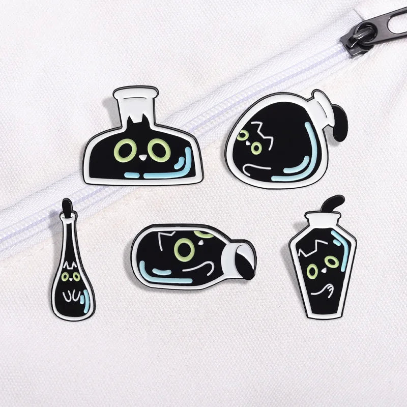 Cute Black Kitten Bottle Enamel Pin – Cartoon Cat Brooch Enamel Lapel Pin Qme