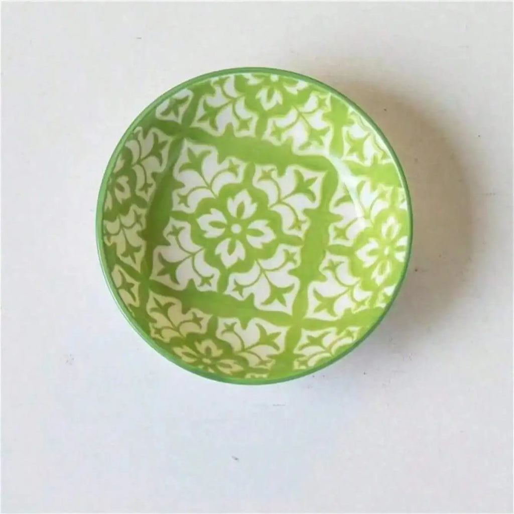 Bohemian Hand-Painted Ceramic Snack Bowl & Plate | 3 Colors Ceramic Snack Bowl Qme green
