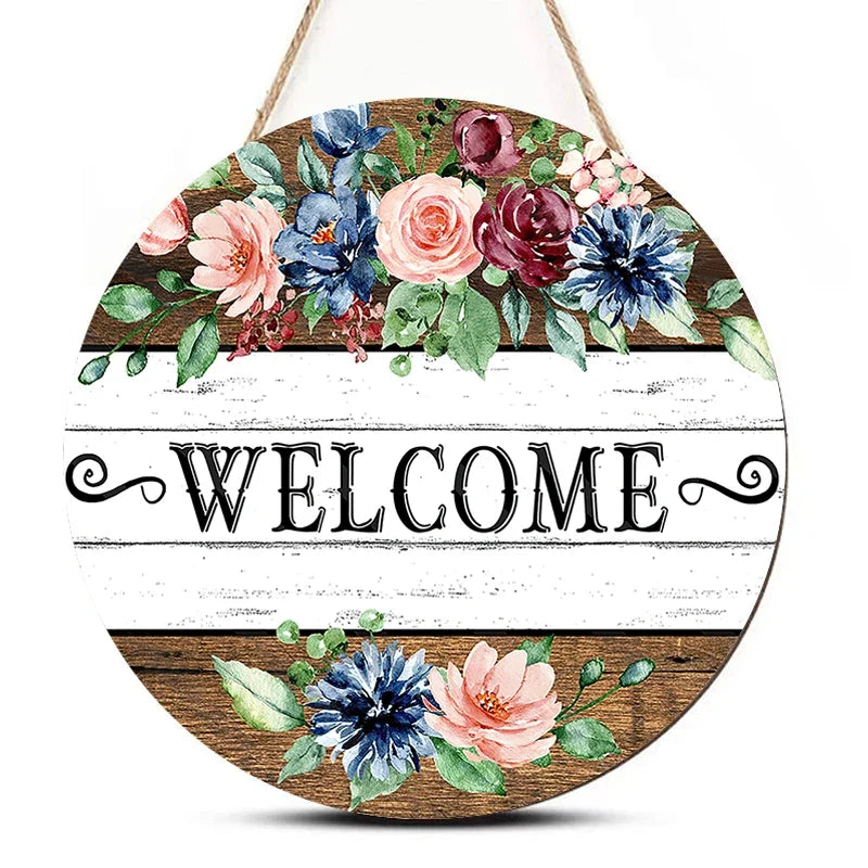 Rustic Flower Welcome Round Wood Wall Plaque Sign | 2 Sizes Wood Wall Plaque Qme S